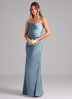 Azazie Lucille Vestidos de damas de honor Vestido de Azul Polvoriento de Satén Elástico de Corte Sirena Convertible con Sin tirantes image3