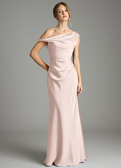 Azazie Emerson Bridesmaid Dresses Blushing Pink Mermaid Off the Shoulder Stretch Satin Dress image1