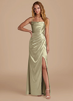 Azazie Marzia Bridesmaid Dresses Moss Green Mermaid Pleated Metallic Satin Dress image1