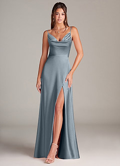 Azazie Sarella Bridesmaid Dresses Dusty Blue A-Line with Pockets Metallic Satin Dress image1