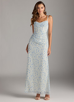 Azazie Mai Bridesmaid Dresses Blue And White Ditsy Floral Sheath Pleated Chiffon Dress image1