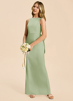 Azazie Emi Junior Robe Fourreau en Satin extensible Nœud Vert Sauge image2