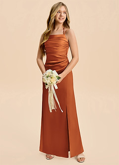 Azazie Nova Junior Cinnamon Sheath Pleated Stretch Satin Dress image3