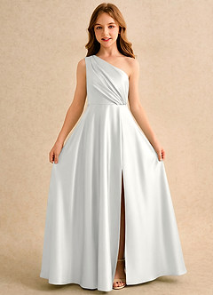 Azazie Puddles Girls Formal 플라워 걸 드레스 A라인 한쪽 어깨 스트레치 새틴 플로어 길이 드레스 image5