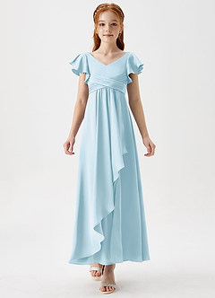 Azazie Omari Junior Sky Blue A-Line Pleated Stretch Satin Dress image5