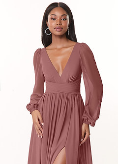Azazie Norah Robes de demoiselle d'honneur Robe Trapèze en Mousseline de soie Col en V, manches longues Rose Du Désert image5