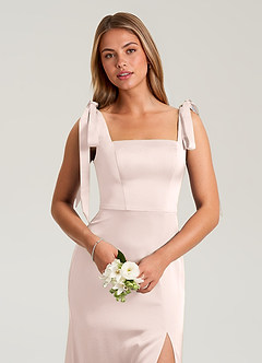 Azazie Frostine Bridesmaid Dresses Blushing Pink A-Line Bow Stretch Satin Dress image7