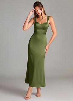 Azazie Denice Abiti da Damigella Abito Tubino in Raso Elasticizzato Plissettato Oliva image1