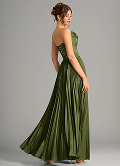 Azazie Saedra Bridesmaid Dresses Olive A-Line Corset Stretch Satin Dress image2