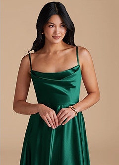 Azazie Elle Bridesmaid Dresses Emerald A-Line with Pockets Metallic Satin Dress image3