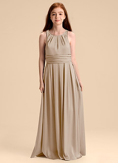 Azazie Bibiane Junior Taupe A-Line Pleated Stretch Satin Dress image3