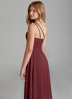 Azazie Maron Junior Merlot A-Line Pleated Stretch Satin Dress image2