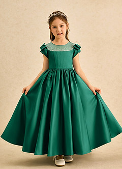 Azazie Toffee Abiti da Ragazza di Fiori Abito Stile Principessa in Raso Opaco Fiocco Smeraldo image2
