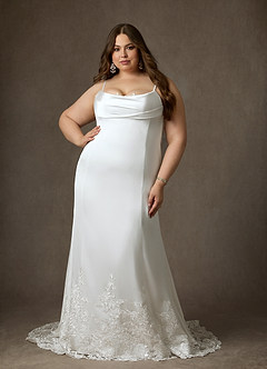 Azazie Eliora At-home Try On Dresses Diamond White Fit and Flare Stretch Satin Dress image14