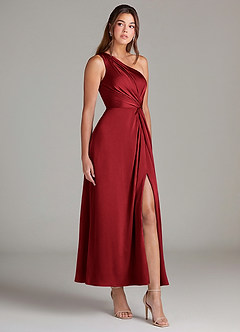 Azazie Brooke Robes de demoiselle d'honneur Robe Trapèze en Satin extensible Une épaule Écarlate image4