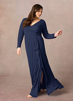 Azazie Risa Mère de la mariée Robes Robe Sirène en Maille Col V plissé Bleu Marine Foncé image7