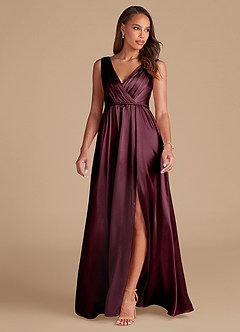 Azazie Tanicia Final Sale Cabernet A-Line Pleated Metallic Satin Dress image3