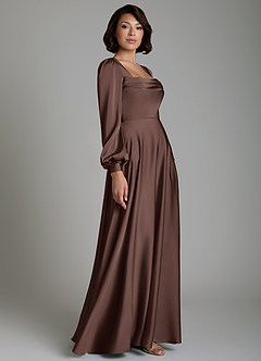 Azazie Solana Bridesmaid Dresses Ganache A-Line Long Sleeve Stretch Satin Dress image5