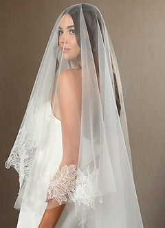 front Embroidered Floral Lace Hem Chapel Length Draped Blusher Veil