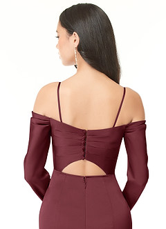Azazie Hallie Vestidos de damas de honor Vestido de Cabernet de Satén Elástico de Corte Recto Convertible con Manga larga con hombros descubiertos image8
