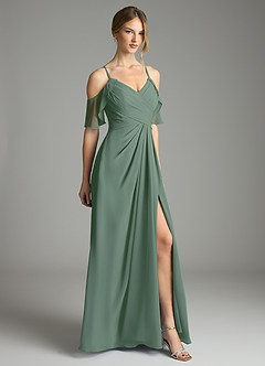 Azazie Dakota Vestidos de damas de honor Vestido de Eucalipto de Gasa de Corte en A con Cuello en V plisado image5