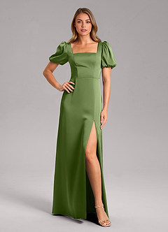 Azazie Fyona Vestidos de damas de honor Vestido de Enebro de Satén Elástico de Corte en A con Plisado image1