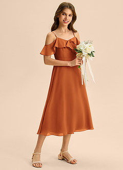 Azazie Kamilla Junior Abito A-Line in Chiffon a Spalla Scoperta Cannella image5