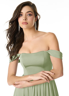 Azazie Morana Jurken voor bruidsmeisjes Converteerbaar Jurk van Stretch Satijn met A-Lijn Off the Shoulder Stoffige Salie image5
