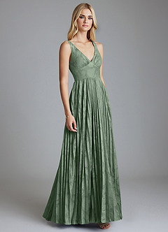 Azazie Mirella Final Sale Matcha A-Line Pleated Floral Burnout Dress image4