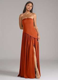 Azazie Adeline Robes de demoiselle d'honneur Robe Trapèze Convertible en Satin extensible Sans bretelle Orange Brûlée image3