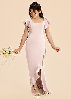 Azazie Demi Junior Vestido de Rosa Rubor de Satén Elástico de Corte Sirena con Lazo image3