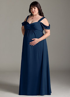 Azazie Rhea vestidos de dama de honor de maternidad Vestido de Acampanado Off The Shoulder Plisado Largo hasta el piso Stretch Satin image11