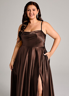 Azazie Elle Bridesmaid Dresses Ganache A-Line with Pockets Metallic Satin Dress image6