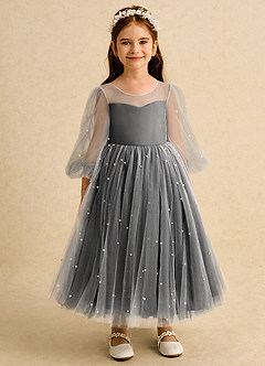 Azazie Trudy 플라워 걸 드레스 볼가운 스윗하트 네크라인 얇실버 명주 그물 티 길이 드레스 image6