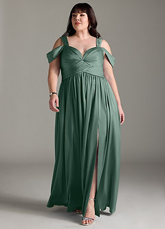 Azazie Lianne Bridesmaid Dresses Eucalyptus A-Line Off the Shoulder Stretch Satin Dress image11