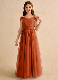 Azazie Yuna Junior Formal Flower Girl Dresses Burnt Orange A-Line Off the Shoulder Tulle Dress image6