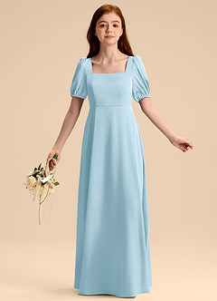 Azazie Briar Junior Vestido de Azul Cielo de Satén Elástico de Corte en A con Lazo image5