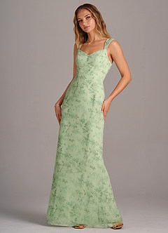 Azazie Denice Abiti da Damigella Abito Tubino in Chiffon a Pieghe Green Fern Floral image1