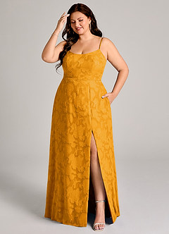 Azazie Moira Abiti da Damigella Abito A-Line in Burnout Floreale Spacco Laterale Caramello image9