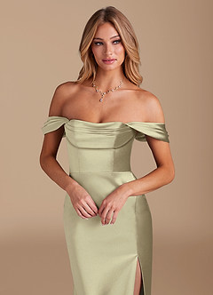 Azazie Saige Bridesmaid Dresses Moss Green A-Line Off the Shoulder Metallic Satin Convertible Dress image3