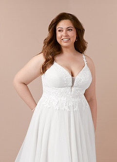 Azazie Devi Wedding Dresses Diamond White A-Line V-Neck Lace Tulle Dress image17