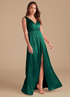 Azazie Tanicia Bridesmaid Dresses Emerald A-Line Pleated Metallic Satin Dress image4