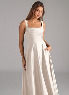 Azazie Shaude Bridesmaid Dresses White Alabaster A-Line Pleated Stretch Satin Dress image2