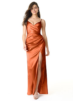 Azazie Sukia Bridesmaid Dresses Burnt Orange Mermaid Pleated Metallic Satin Dress image1