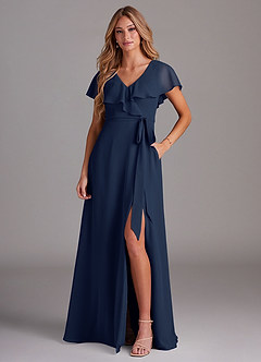 Azazie Lainey Robes de demoiselle d'honneur Robe Trapèze en Mousseline de soie avec poches Bleu Marine Foncé image1
