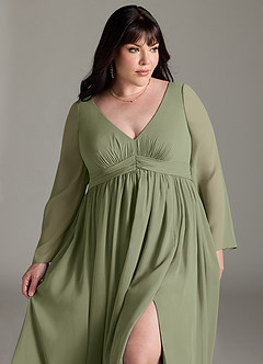 Azazie Teton Zwangerschaps Bruidsmeisjekleding A-Lijn Lange mouw Chiffon Vloerlengte Jurk image12