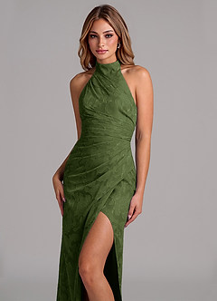 Azazie Jemma 신부 들러리 드레스 A라인 주름진 플로럴 번아웃 바닥 길이 드레스 image2