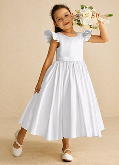Azazie Violeta Flower Girl Dresses White Ball-Gown Bow Matte Satin Dress image1