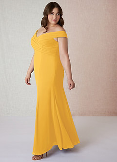Azazie Lecia Bridesmaid Dresses Marigold Empire Off-The-Shoulder Pleated Chiffon Convertible Dress image10