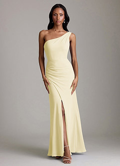 Azazie Madelyn Vestidos de damas de honor Vestido de Sorbete De Limón de Gasa de Corte Sirena Convertible con Hombro unilateral image7